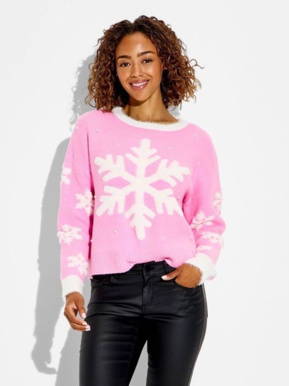 Women's Snowflake Festive Graphic Sweater - Pink XXL